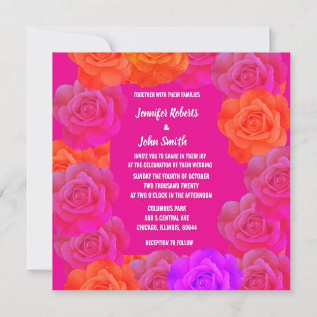 Floral Roses Pink Orange Purple QR Code Wedding (Front)