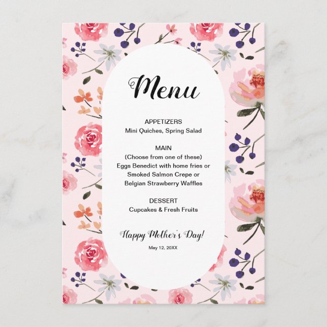Floral Roses Pink Peonies Spring Mother's Day Menu (Front)