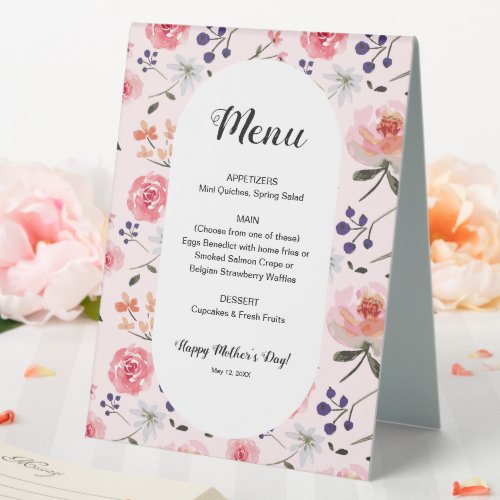 Floral Roses Pink Peonies Spring Mothers Day Menu Table Tent Sign