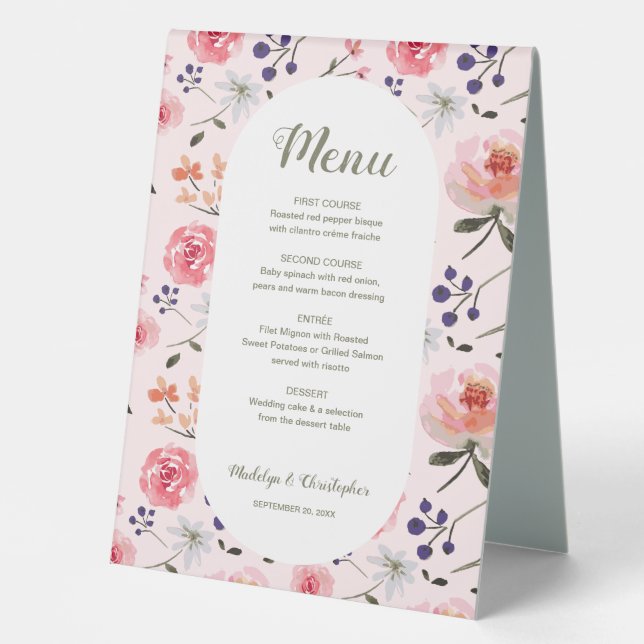 Floral Roses Pink Peonies Spring Wedding Menu Table Tent (Front)