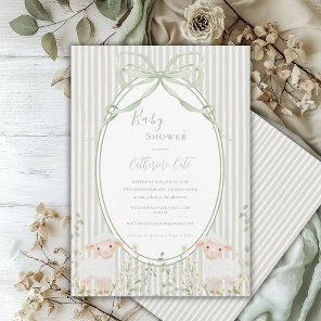 Floral Roses Sage Green Whimsical Lamb Sheep Baby Invitation