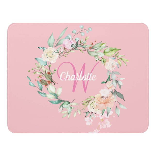 Floral Roses Script Monogram Pink Door Sign (Contemporary Front)