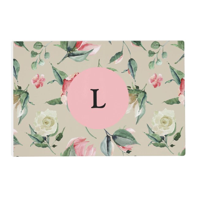 Floral, roses, shabby chic, monogrammed pet placemat (Front)
