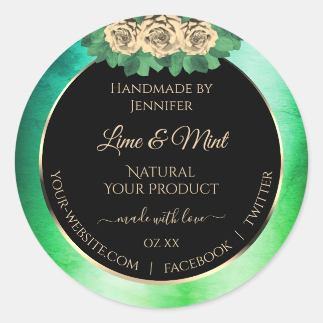 Floral Roses Teal Green Marble Black Product Label (Front)