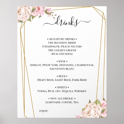 Floral Roses Wedding Drinks Menu Sign