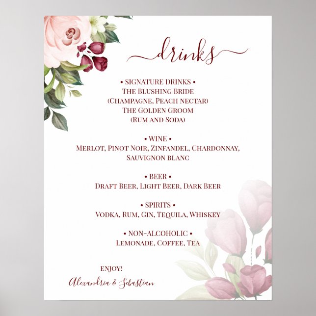Floral Roses Wedding Drinks Menu Sign (Front)