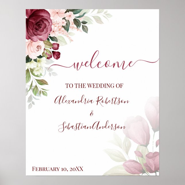 Floral Roses Wedding Welcome Sign (Front)