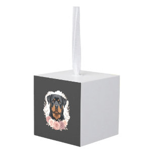 Floral Rottweiler Dog Portrait Sublimation Cube Ornament