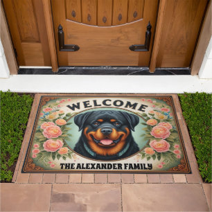 Floral Rottweiler Personalized Welcome Entry Charm Doormat