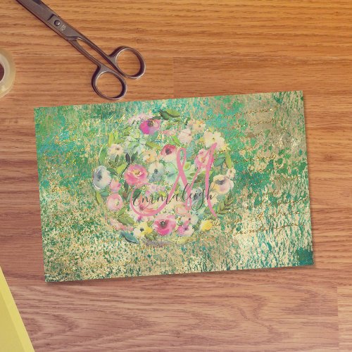 Floral Round Bouquet Monogram Green Gold Decoupage Tissue Paper