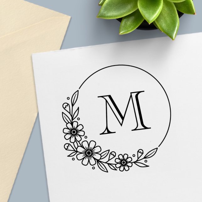 Floral Round Frame Custom Initial Monogram Self-inking Stamp (Creator Uploaded)