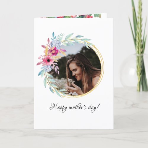 Floral Round Frame Photo Mothers Day Holiday Card