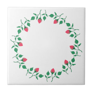 Floral round frame with pink rose flowers ceramic tile