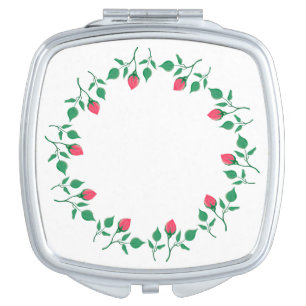 Floral round frame with pink rose flowers  compact mirror