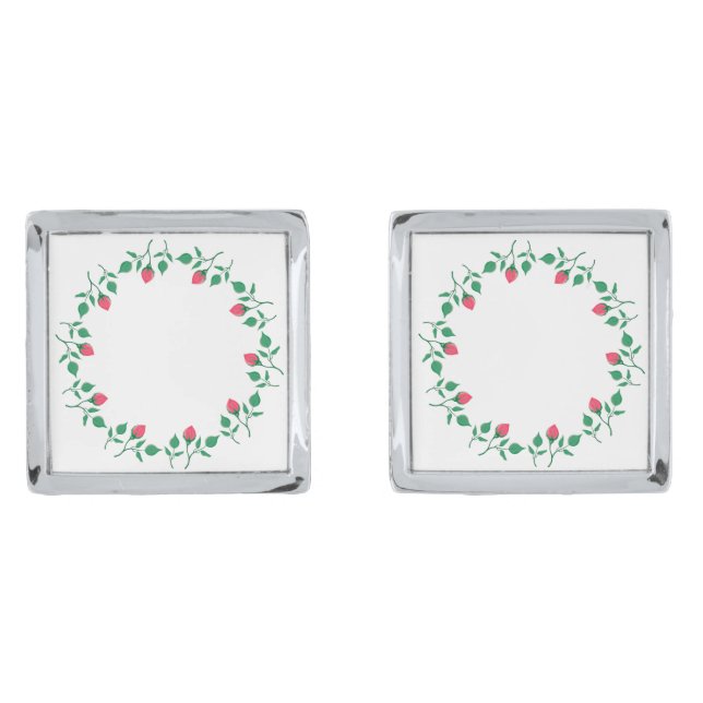 Floral round frame with pink rose flowers  cufflinks (Front)