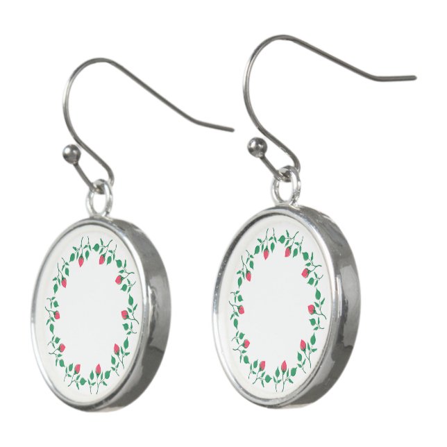 Floral round frame with pink rose flowers  earrings (Angled)