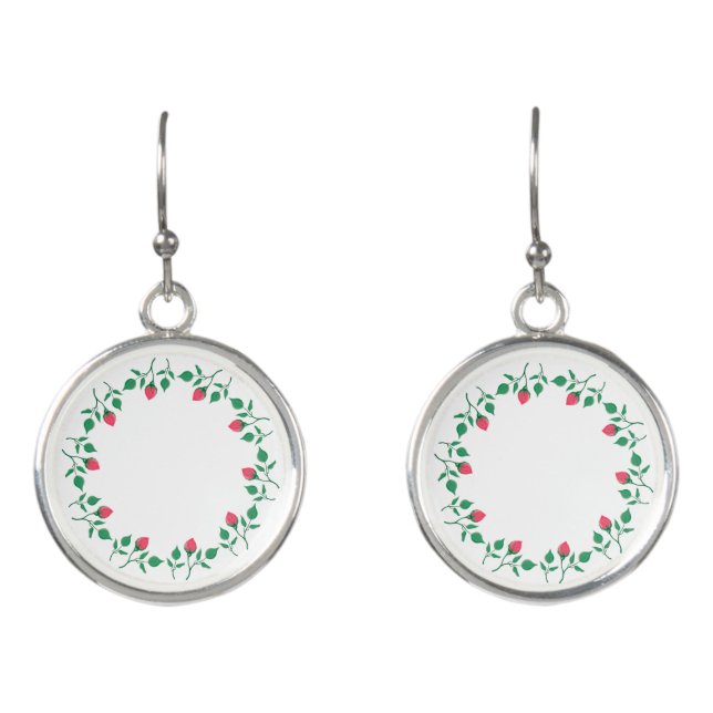 Floral round frame with pink rose flowers  earrings (Front)