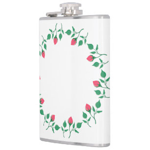 Floral round frame with pink rose flowers  flask