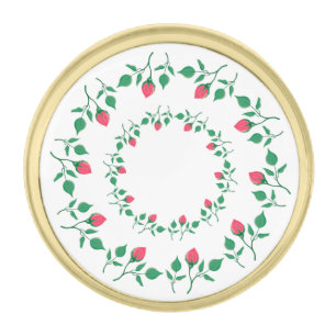 Floral round frame with pink rose flowers gold finish lapel pin