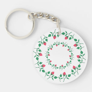 Floral round frame with pink rose flowers keychain