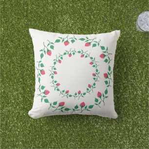 Floral round frame with pink rose flowers outdoor pillow