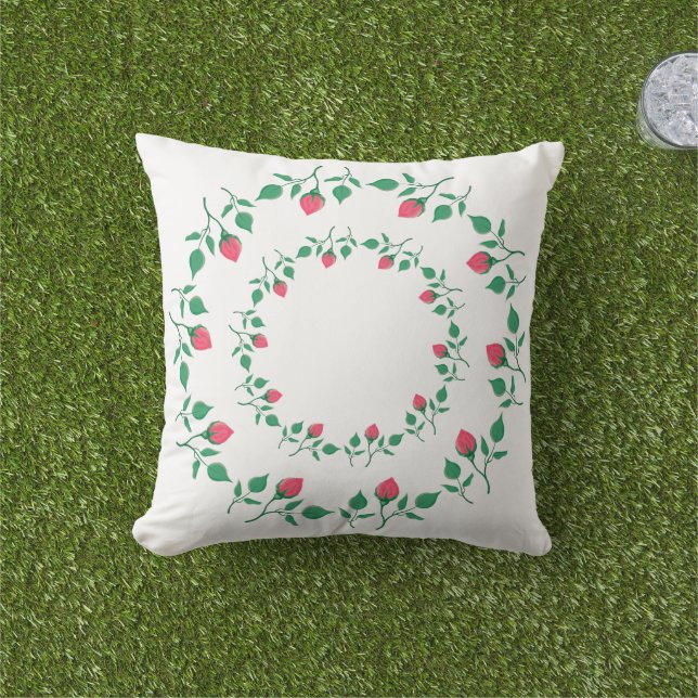 Floral round frame with pink rose flowers   outdoor pillow (Grass)