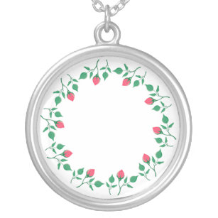 Floral round frame with pink rose flowers  silver plated necklace