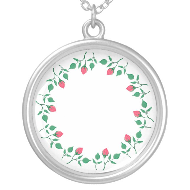 Floral round frame with pink rose flowers  silver plated necklace (Front)