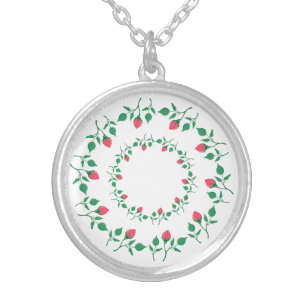 Floral round frame with pink rose flowers silver plated necklace