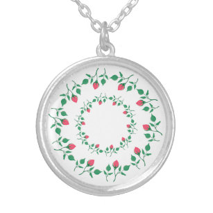 Floral round frame with pink rose flowers   silver plated necklace