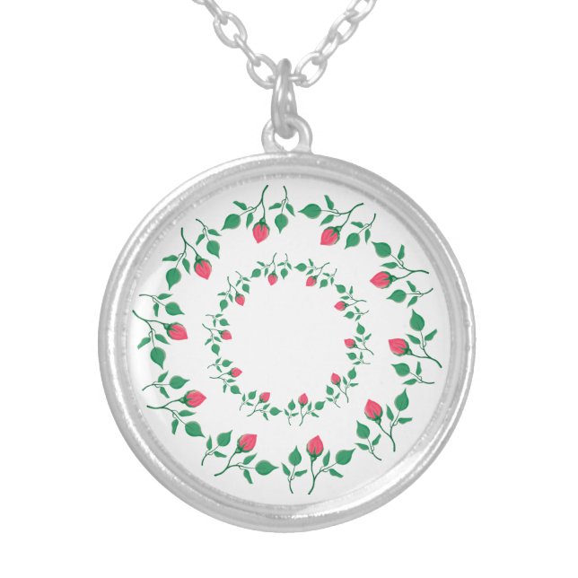 Floral round frame with pink rose flowers   silver plated necklace (Front)