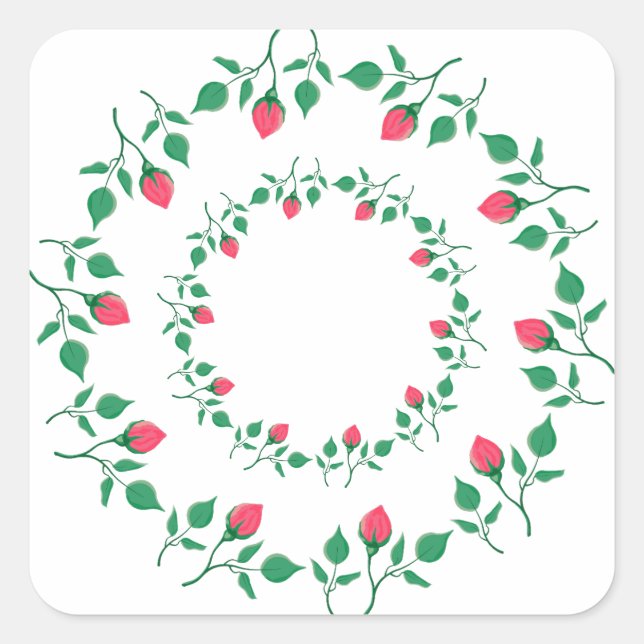 Floral round frame with pink rose flowers  square sticker (Front)