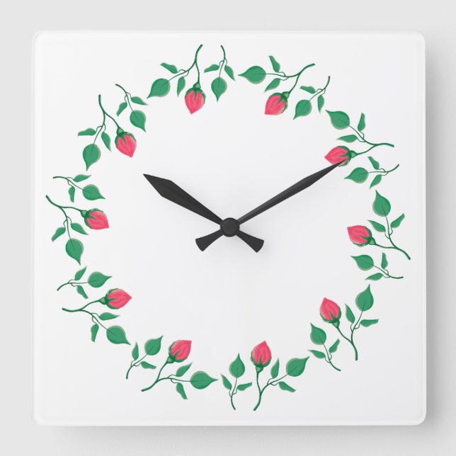 Floral round frame with pink rose flowers square wall clock (Front)