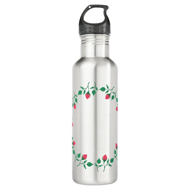 Floral round frame with pink rose flowers stainless steel water bottle (Front)