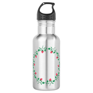 Floral round frame with pink rose flowers stainless steel water bottle