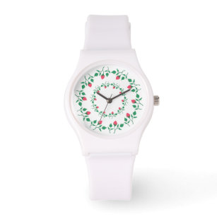 Floral round frame with pink rose flowers   watch