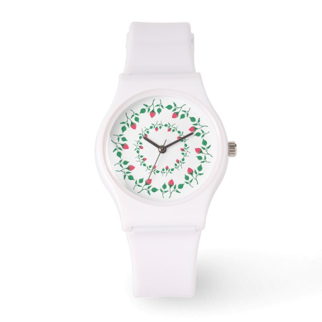 Floral round frame with pink rose flowers   watch (Front)