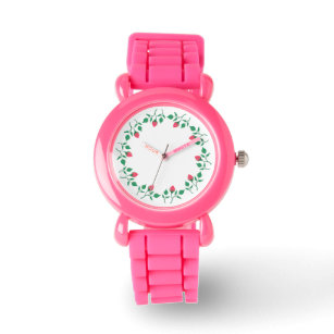 Floral round frame with pink rose flowers  watch