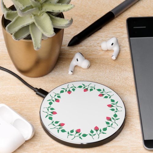 Floral round frame with pink rose flowers  wireless charger 