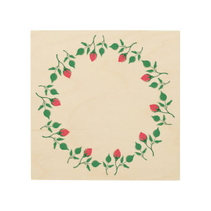 Floral round frame with pink rose flowers wood wall art
