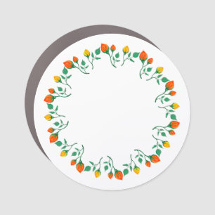 Floral round frame with yellow and red rose flower car magnet