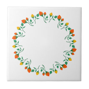 Floral round frame with yellow and red rose flower ceramic tile