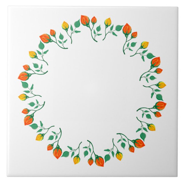 Floral round frame with yellow and red rose flower ceramic tile (Front)