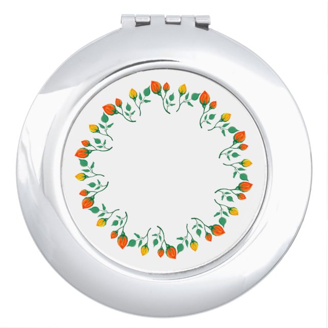 Floral round frame with yellow and red rose flower compact mirror (Front)