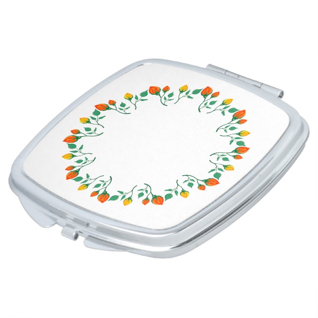 Floral round frame with yellow and red rose flower compact mirror (Turned)