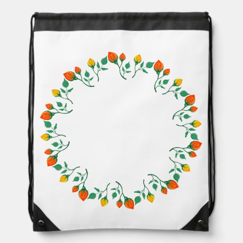 Floral round frame with yellow and red rose flower drawstring bag