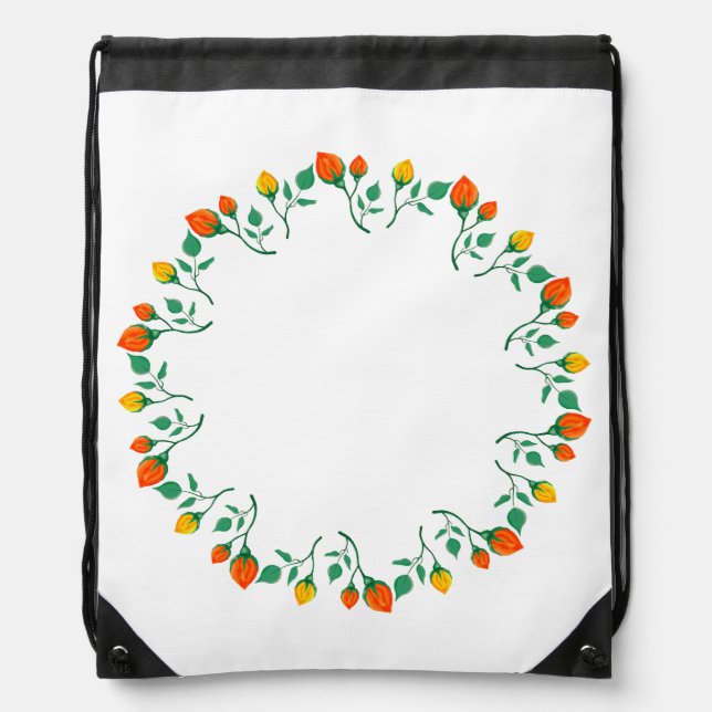 Floral round frame with yellow and red rose flower drawstring bag (Front)