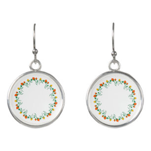 Floral round frame with yellow and red rose flower earrings