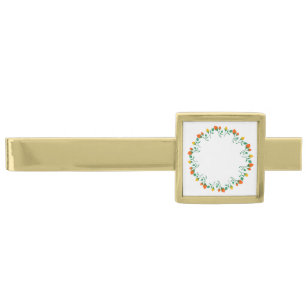 Floral round frame with yellow and red rose flower gold finish tie bar