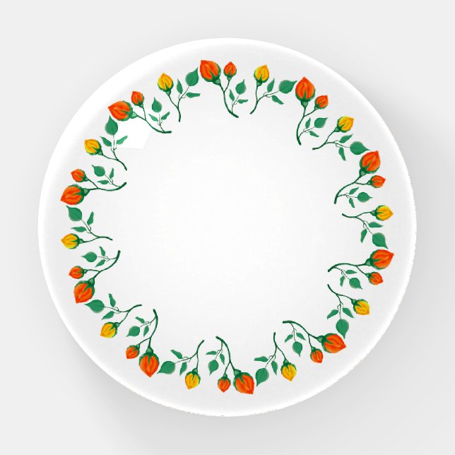 Floral round frame with yellow and red rose flower paperweight (Front)